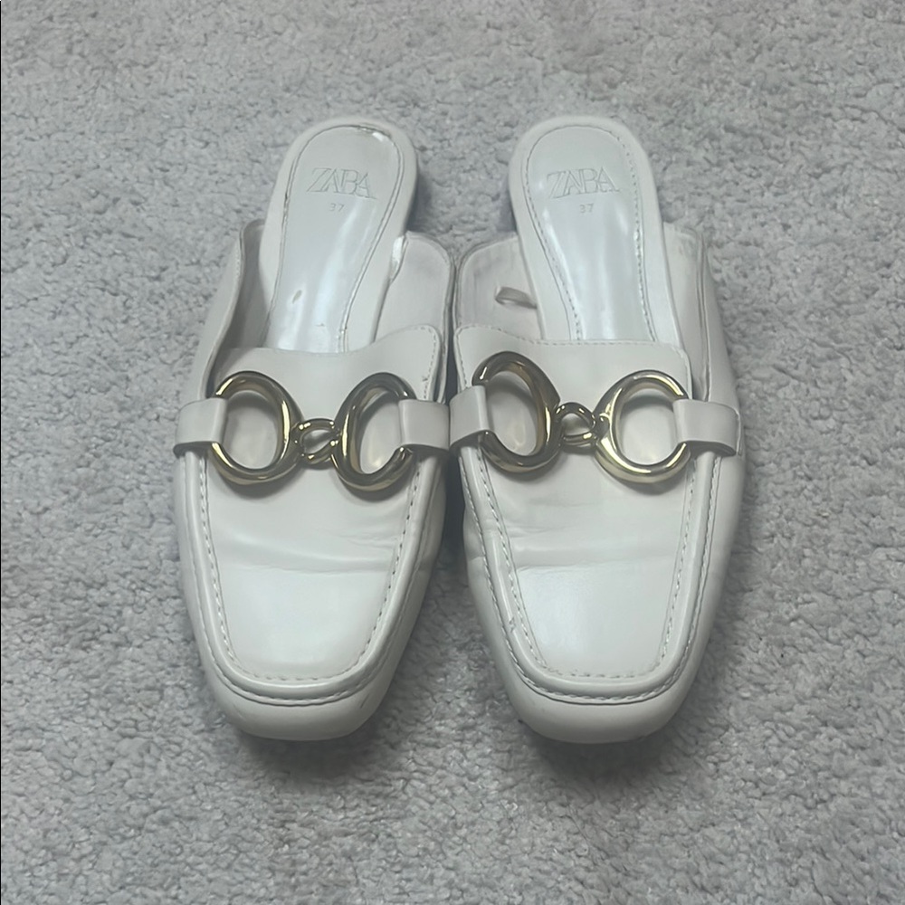 Zara Women's White Loafers with Gold Accent